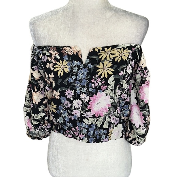 Saltwater Luxe Lenny Multi Floral Oasis Puff Sleeve Off Shoulder Crop Top - M - Picture 4 of 16